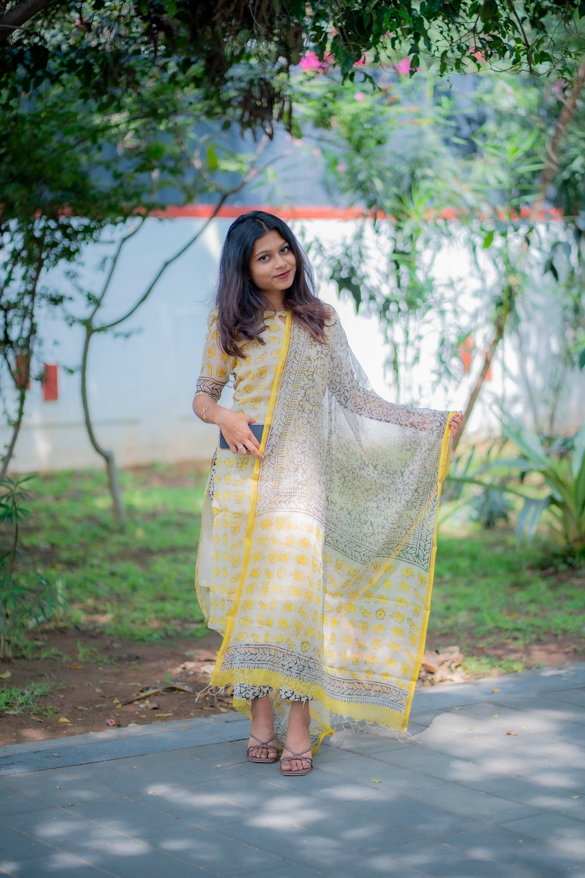 Elephant Bloom Kurti Set-Mustard Yellow