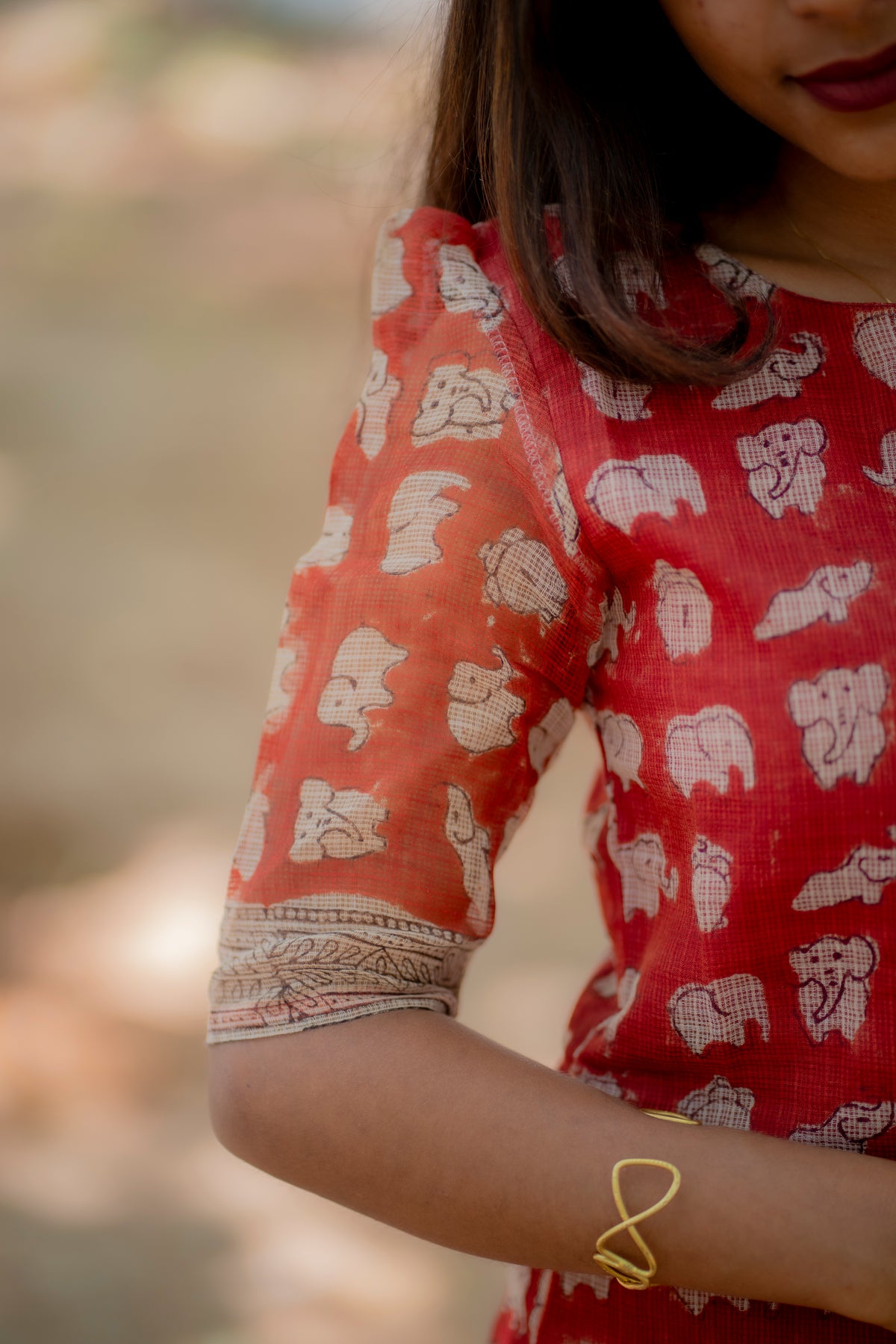 Elephant Bloom kurti Set-Rust Red