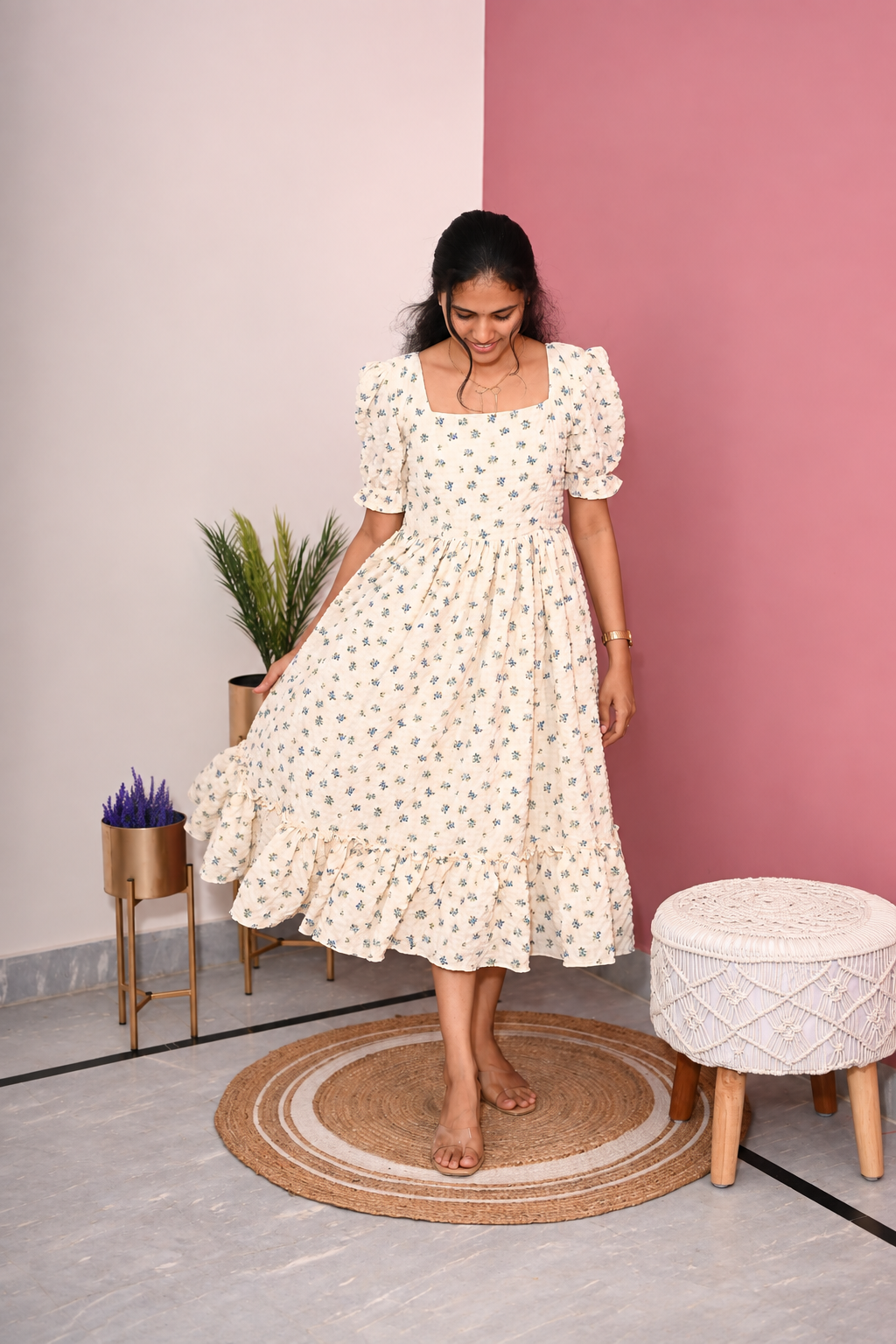 Ivory Bloom Popcorn Maxi Dress